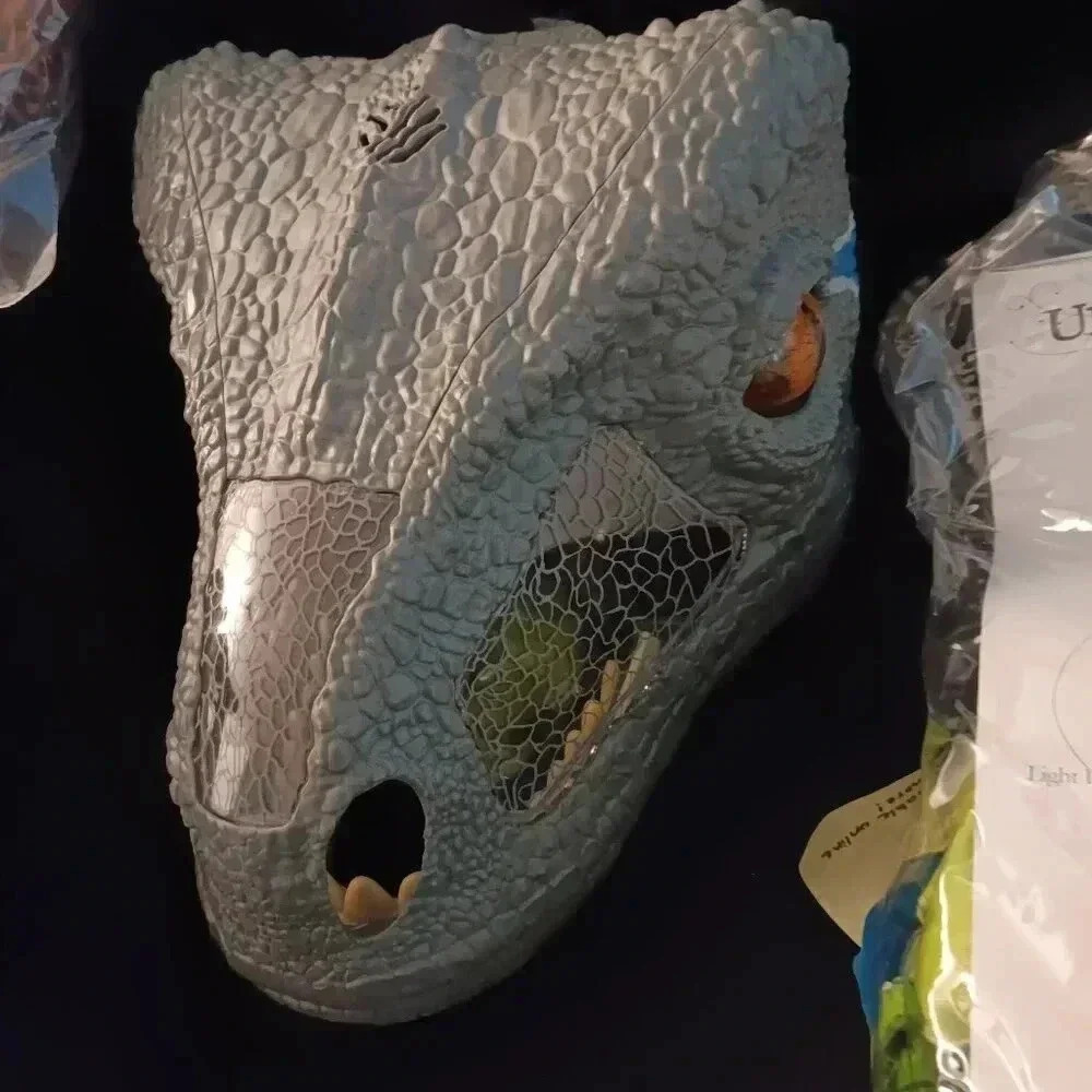 Jurassic Park Blue Raptor Head Mask with roaring sound eye and jaw move